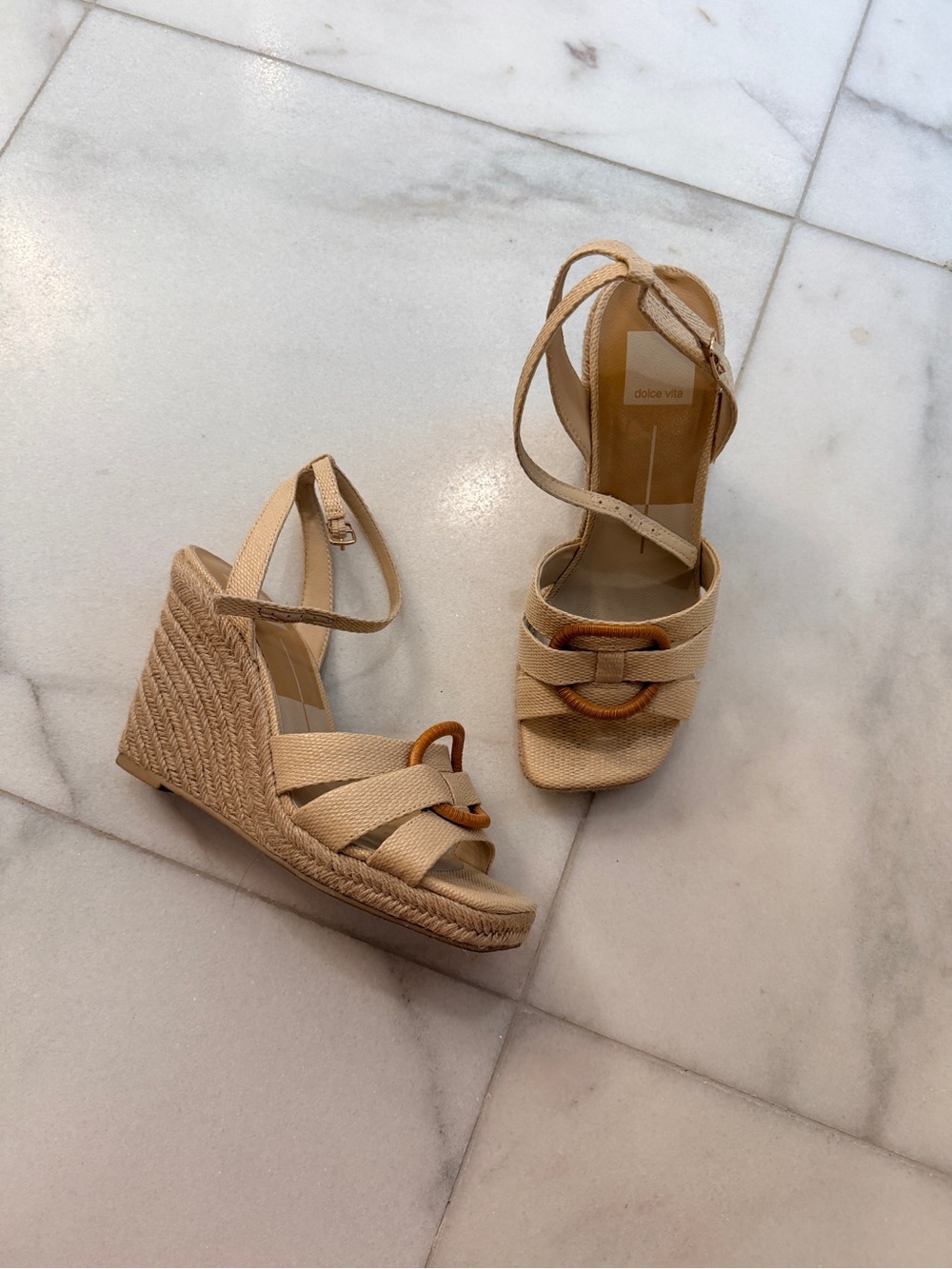 Dolce Vita Natural Beige Woven Espadrille Ankle-Strap Wedges